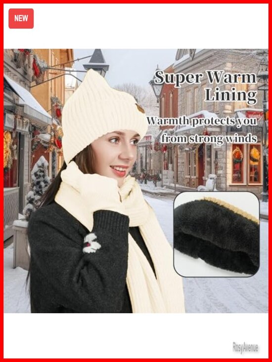 Winter Knit Beanie Hat Scarf Gloves Cold Weather Set, Touchscreen Gloves